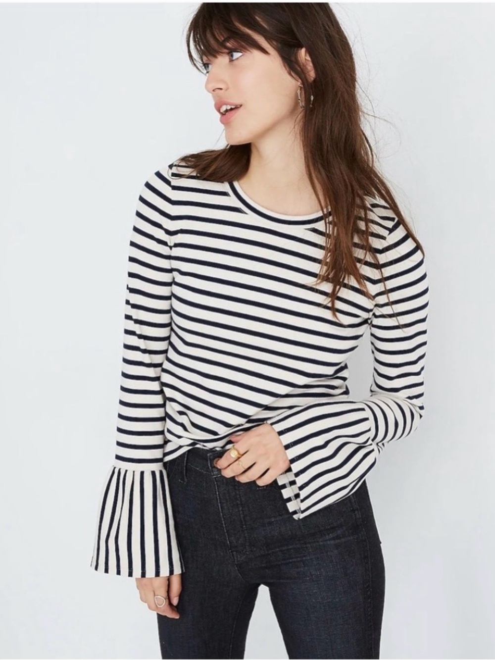Anthropologie Maeve Black & White Striped Bell Sleeve Crop Top Size Small